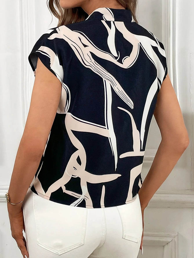 Brush Print Tie Neck Blouse, Elegant Short Sleeve - MimiStylez