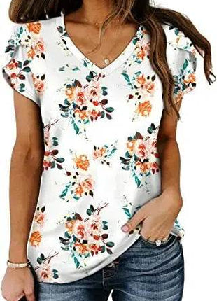 Loose Short Sleeve V-Neck Printed Womens Half Sleeve T-Shirt - MimiStylez