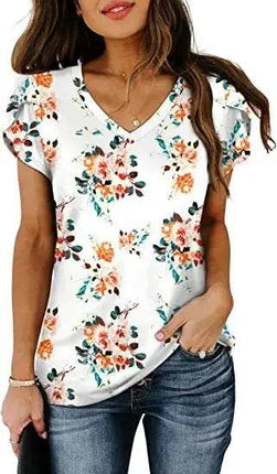 Loose Short Sleeve V-Neck Printed Womens Half Sleeve T-Shirt - MimiStylez
