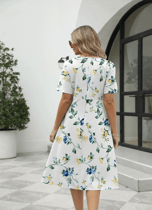 Ladies fashion elegant printed crew neck short sleeve zipper dress - MimiStylez