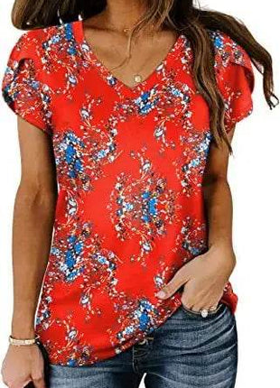 Loose Short Sleeve V-Neck Printed Womens Half Sleeve T-Shirt - MimiStylez