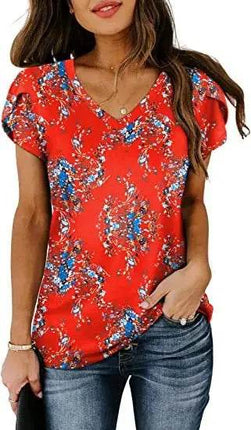 Loose Short Sleeve V-Neck Printed Womens Half Sleeve T-Shirt - MimiStylez