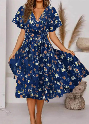 Women's V-neck short sleeve long printed floral waist elegant stylish fitted dress - MimiStylez
