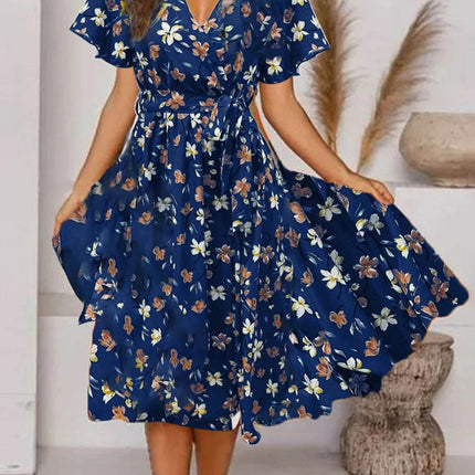 Women's V-neck short sleeve long printed floral waist elegant stylish fitted dress - MimiStylez