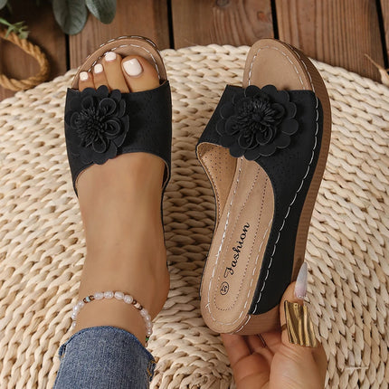 Flower Decor Women Wedge Thick Bottom Platform Sandals Anti Slip Shoes