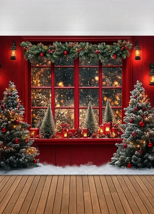 Christmas Tree Red Door Window Snow Backdrop