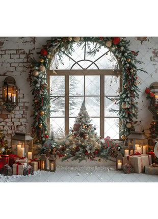 Christmas Photography Backdrop Xmas Tree Wreath Elk Brick Wall Window Snow Scene Backdrop