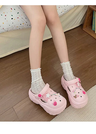 Women's Summer Beach Clogs with Adorable Cartoon Accents, Breathable Hollow Out Design, Lightweight and Comfy