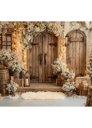 Christmas Backgrounds For Photographs Christmas Tree White Wooden Door Winter Snow Decorations