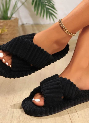 Women Corduroy Cross Strap Home Slippers Men Soft Warm Flat Slides Family Indoor Fashion Concise Plush Sandals - MimiStylez