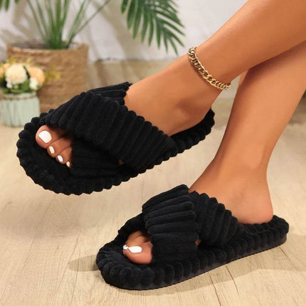 Women Corduroy Cross Strap Home Slippers Men Soft Warm Flat Slides Family Indoor Fashion Concise Plush Sandals - MimiStylez