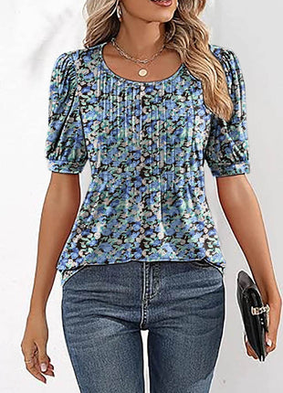 Womens Tunic Tops V Neck Shirts Short Sleeve Puff Pleated Casual Blouses Puff Pleated Work Blouse - MimiStylez