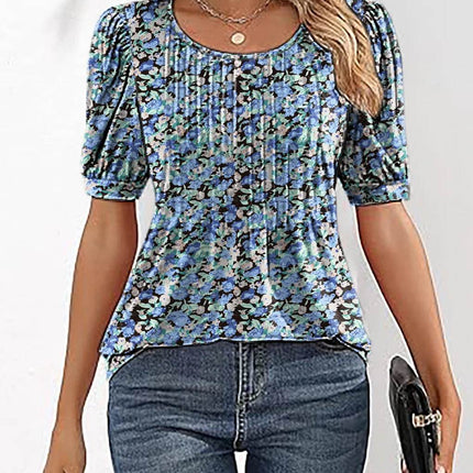 Womens Tunic Tops V Neck Shirts Short Sleeve Puff Pleated Casual Blouses Puff Pleated Work Blouse - MimiStylez
