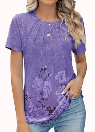 Womens Tunic Tops V Neck Shirts Short Sleeve Puff Pleated Casual Blouses Puff Pleated Work Blouse - MimiStylez