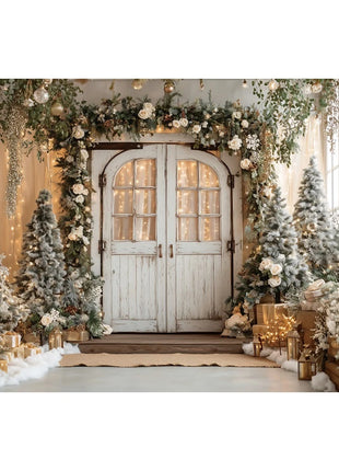 Christmas Backgrounds For Photographs Christmas Tree White Wooden Door Winter Snow Decorations