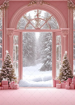 Winter Wonderland Background Banner - Pink Curtains and Snowy Christmas Tree Background
