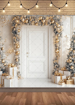 Gold Christmas Background - Glitter Xmas Tree Wreath Wooden Backdrop