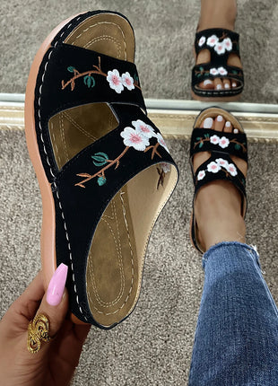 Women Slippers Embroider Flowers Leather Woman Sandals Light Casual Wedges