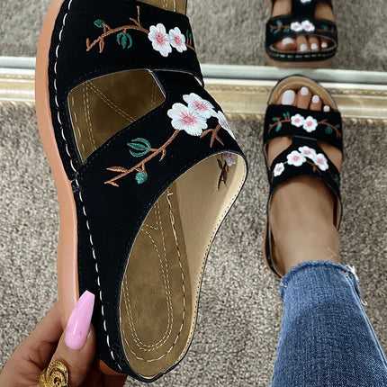 Women Slippers Embroider Flowers Leather Woman Sandals Light Casual Wedges