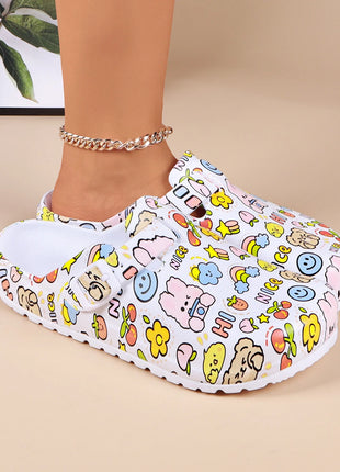 Adorable Womens Cartoon Print Clogs - Adjustable Buckle Belt, Non-Slip Soles, Closed Toe Comfort