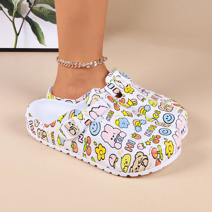 Adorables zuecos con estampado de dibujos animados para mujer: cinturón con hebilla ajustable, suela antideslizante y puntera cerrada.