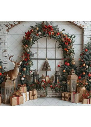 Christmas Photography Backdrop Xmas Tree Wreath Elk Brick Wall Window Snow Scene Backdrop