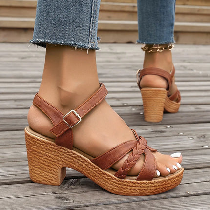 Women's Braided High Heels Sandals Summer Chunky Platform Gladiator Sandals Woman Ankle Straps Vacation Casual Shoes