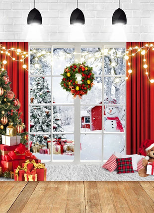 Christmas Photography Backdrop Santa Claus Window Snow Forest
