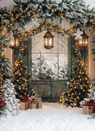 Winter Christmas Forest Glitter Arch Door Xmas Family Portrait Decor Backdrop