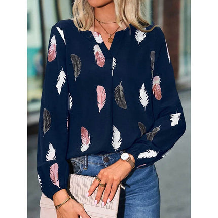 Woman Blouse Shirts For Women Stylish Top long Sleeve Feather Pattern Female Tops Elegant Chiffon Mujer Woman Clothes - MimiStylez