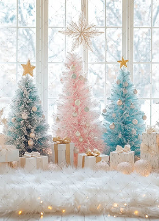 Backdrop Christmas Trees Stars Portrait Window Tulle Curtains Gift Decor
