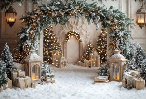 Winter Christmas Forest Glitter Arch Door Xmas Family Portrait Decor Backdrop
