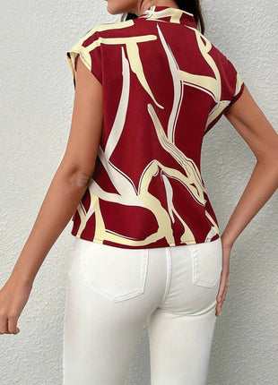 Brush Print Tie Neck Blouse, Elegant Short Sleeve - MimiStylez