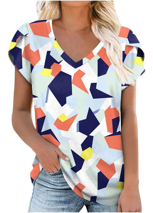 Loose Short Sleeve V-Neck Printed Womens Half Sleeve T-Shirt - MimiStylez