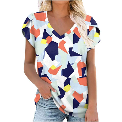 Loose Short Sleeve V-Neck Printed Womens Half Sleeve T-Shirt - MimiStylez