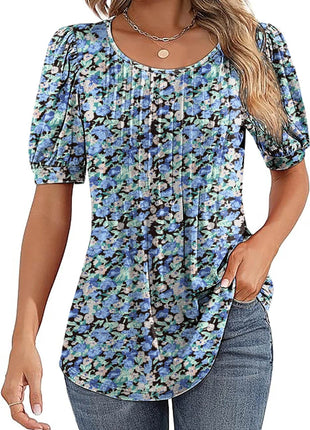 Womens Tunic Tops V Neck Shirts Short Sleeve Puff Pleated Casual Blouses Puff Pleated Work Blouse - MimiStylez