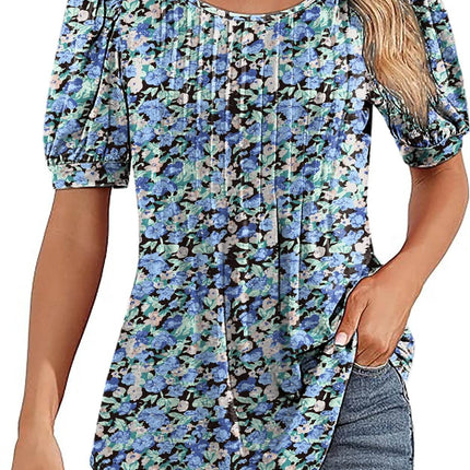 Womens Tunic Tops V Neck Shirts Short Sleeve Puff Pleated Casual Blouses Puff Pleated Work Blouse - MimiStylez