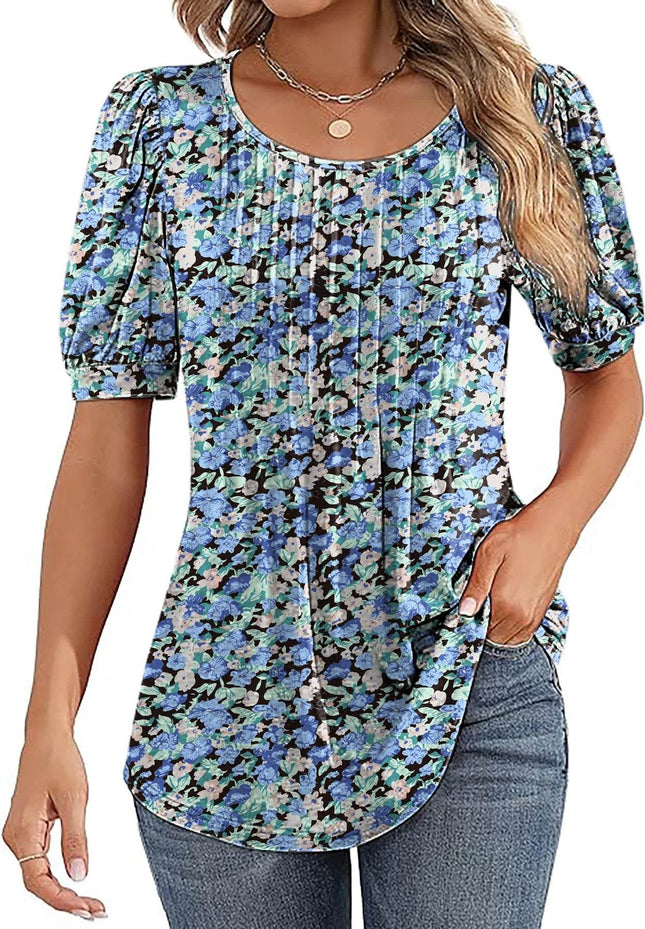 Womens Tunic Tops V Neck Shirts Short Sleeve Puff Pleated Casual Blouses Puff Pleated Work Blouse - MimiStylez