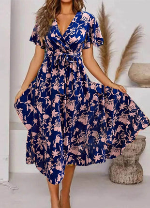 Women's V-neck short sleeve long printed floral waist elegant stylish fitted dress - MimiStylez
