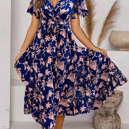 Women's V-neck short sleeve long printed floral waist elegant stylish fitted dress - MimiStylez