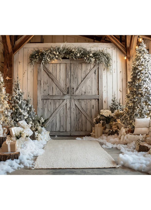 Christmas Backgrounds For Photographs Christmas Tree White Wooden Door Winter Snow Decorations