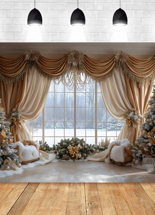Christmas Photography Backdrop Santa Claus Window Snow Forest