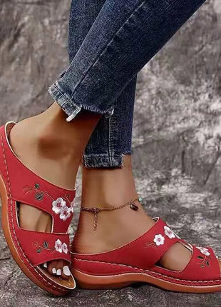 Women Slippers Embroider Flowers Leather Woman Sandals Light Casual Wedges