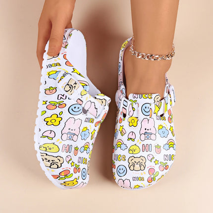 Adorables zuecos con estampado de dibujos animados para mujer: cinturón con hebilla ajustable, suela antideslizante y puntera cerrada.
