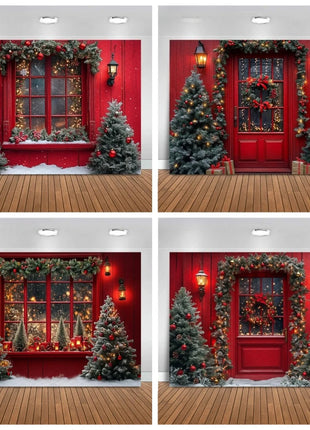 Christmas Tree Red Door Window Snow Backdrop