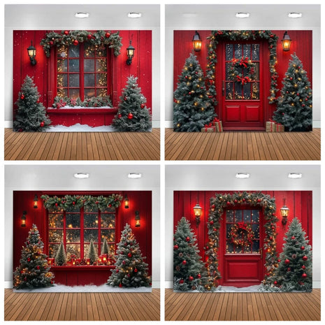 Christmas Tree Red Door Window Snow Backdrop