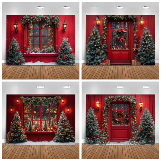Christmas Tree Red Door Window Snow Backdrop