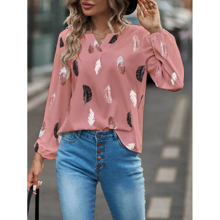Woman Blouse Shirts For Women Stylish Top long Sleeve Feather Pattern Female Tops Elegant Chiffon Mujer Woman Clothes - MimiStylez