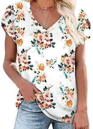 Loose Short Sleeve V-Neck Printed Womens Half Sleeve T-Shirt - MimiStylez