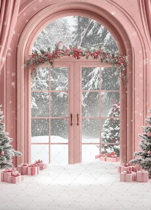 Winter Wonderland Background Banner - Pink Curtains and Snowy Christmas Tree Background
